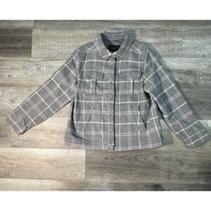 J. Crew Shirt Jacket Women Size M Stretch Wool Grey Pink Plaid Button Up Shacket